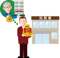 税務署の前で贈与税について考える人のイラスト