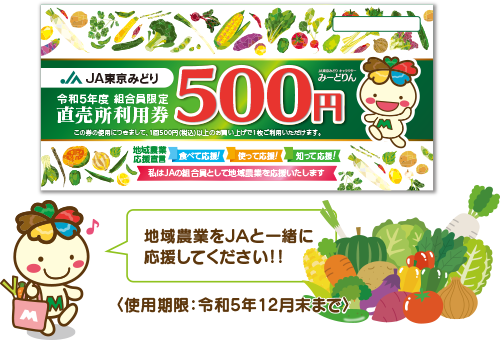 直売所利用券とJA東京みどりマスコットキャラクターみーどりん