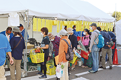 賑わう野菜販売テントの写真