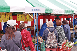 賑わう野菜販売テントの写真